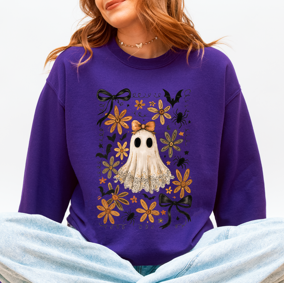 Beautiful Halloween, Bows, Bats, Flowers Boho Vintage Cozy Autumn Graphic Sweatshirt