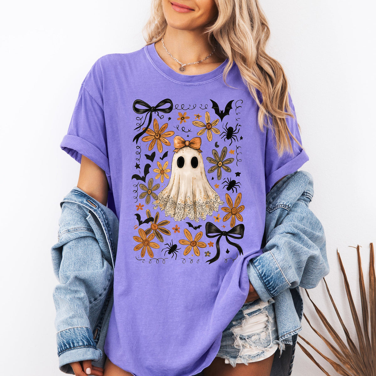 Beautiful Halloween Bows Bats Flowers Festive Gothic Motif Halloween Night Themed Comfort Colors Tee
