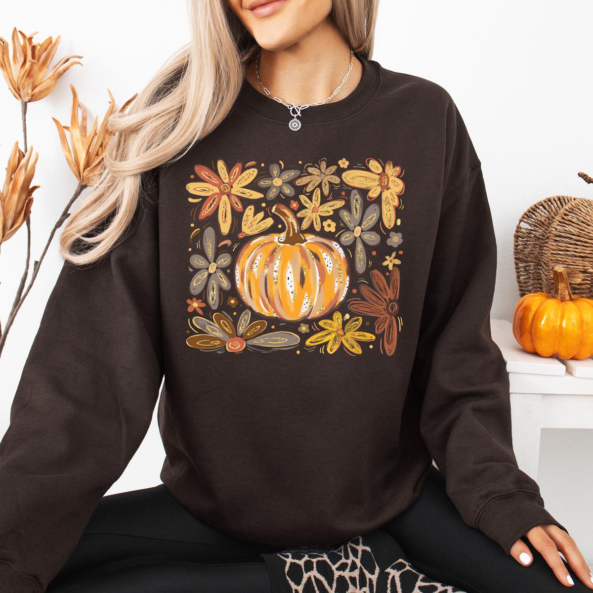 Beautiful Pumpkin Autumn Flowers Watercolor Floral Pattern With Rustic Harvest Vibes Sweatshirt