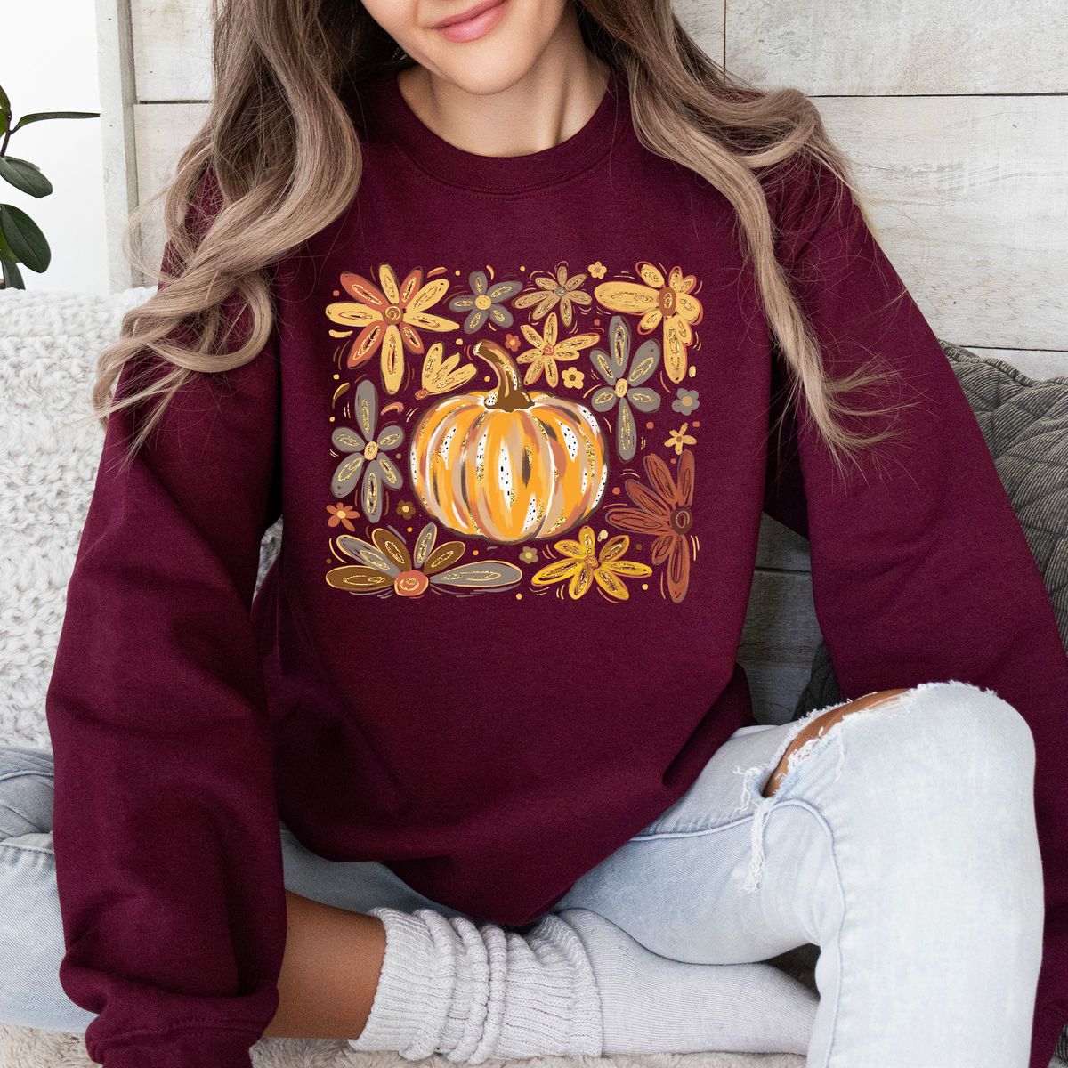 Beautiful Pumpkin Autumn Flowers Watercolor Floral Pattern With Rustic Harvest Vibes Sweatshirt