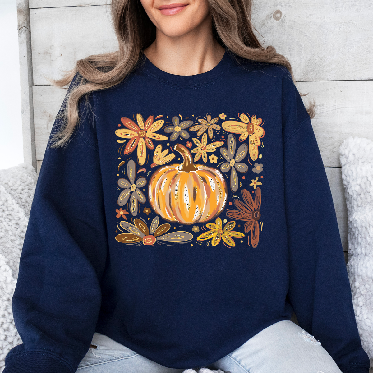 Beautiful Pumpkin Autumn Flowers Watercolor Floral Pattern With Rustic Harvest Vibes Sweatshirt