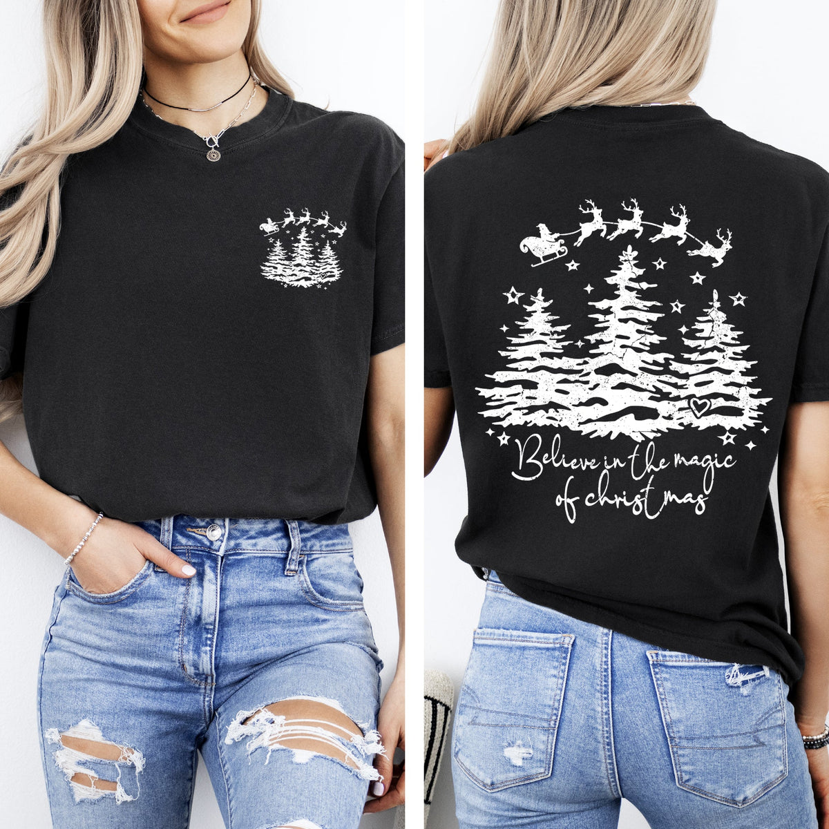 Believe In The Magic Of Christmas Santa Front And Back Christmas Trees Winter Snow Xmas Comfort Colors Tee