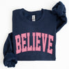 Believe Varsity Collegiate Christmas Santa Winter Xmas Festive Holiday Cheer Sweatshirt