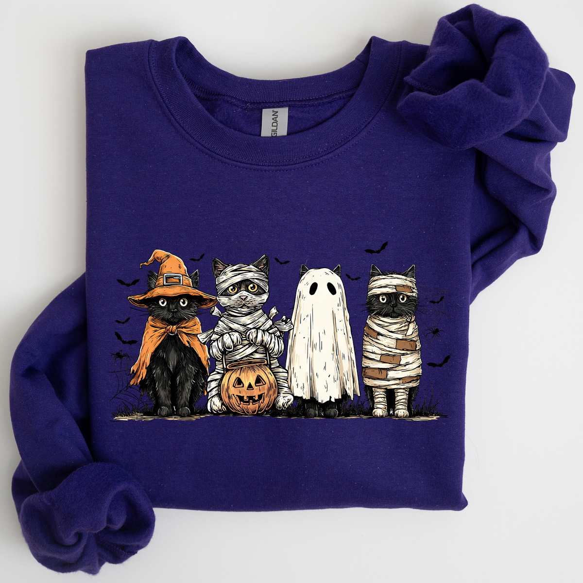 Shimmering Ghost Halloween Black Cat Pumpkin Ghost Cats Retro Gothic Autumn Sweatshirt