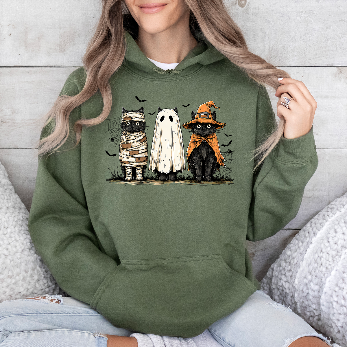 Black Cats Boo Ghost Cats Retro Halloween Gothic Autumn Night Pumpkin Moonlit Midnight Graphic Hoodie