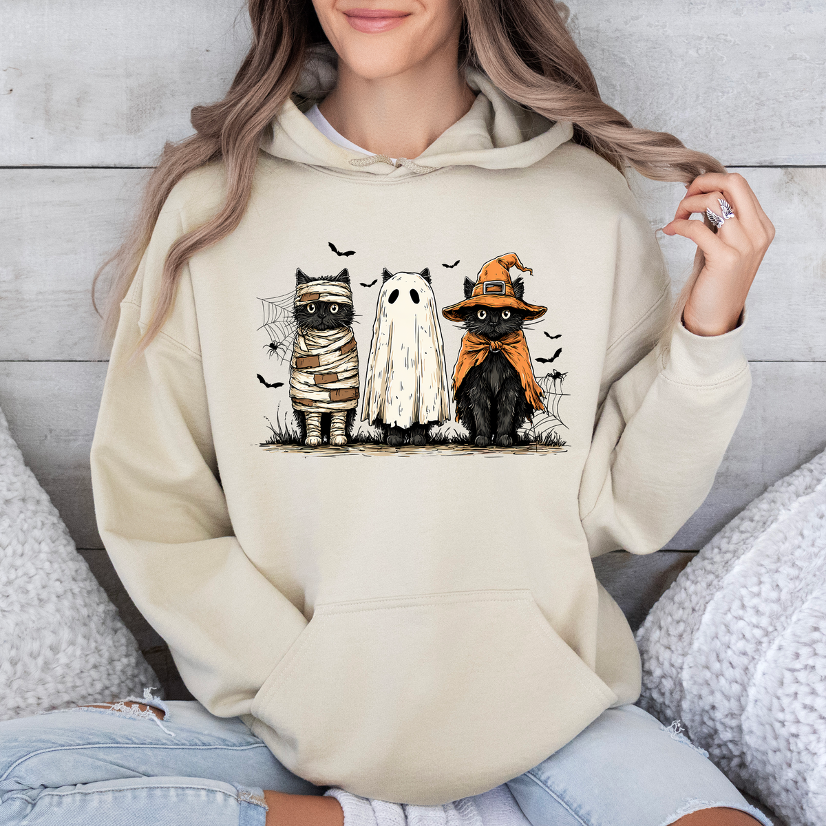 Black Cats Boo Ghost Cats Retro Halloween Gothic Autumn Night Pumpkin Moonlit Midnight Graphic Hoodie