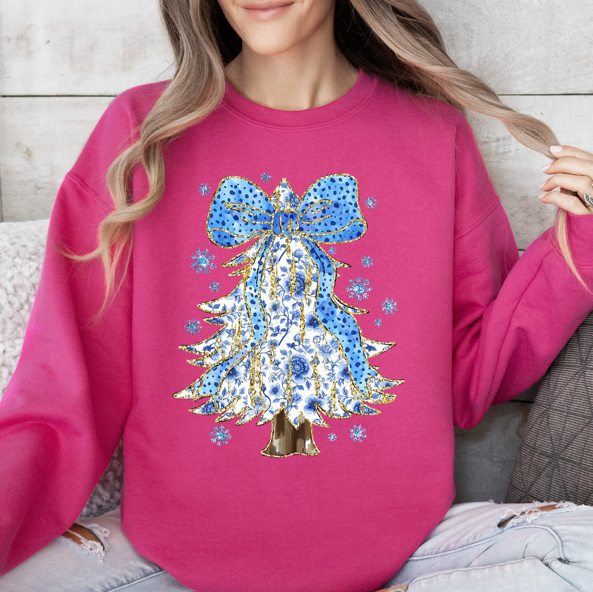 Blue Christmas Christmas Tree Bow Delft Coquette Floral Santa Holiday Elegance Sweatshirt