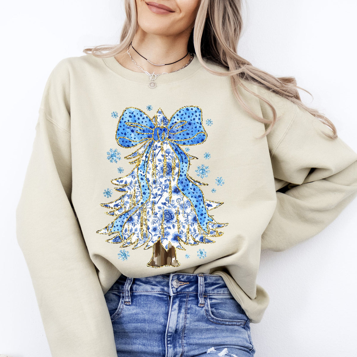 Blue Christmas Christmas Tree Bow Delft Coquette Floral Santa Holiday Elegance Sweatshirt