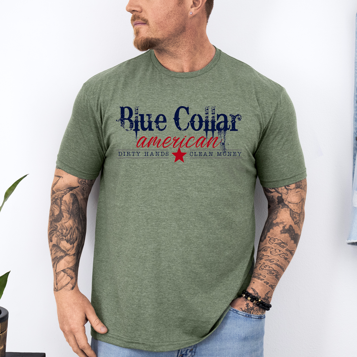 Blue Collar American Dirty Hands Clean Money Dad Father's Day Husband Graphic Tee