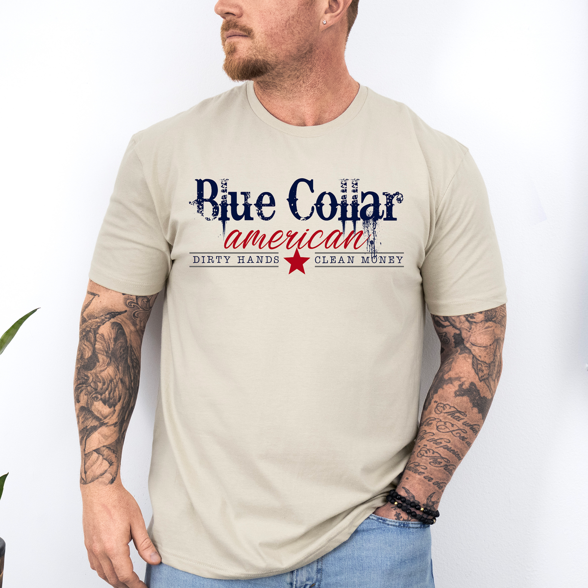 Blue Collar American Dirty Hands Clean Money Dad Father's Day Husband Graphic Tee