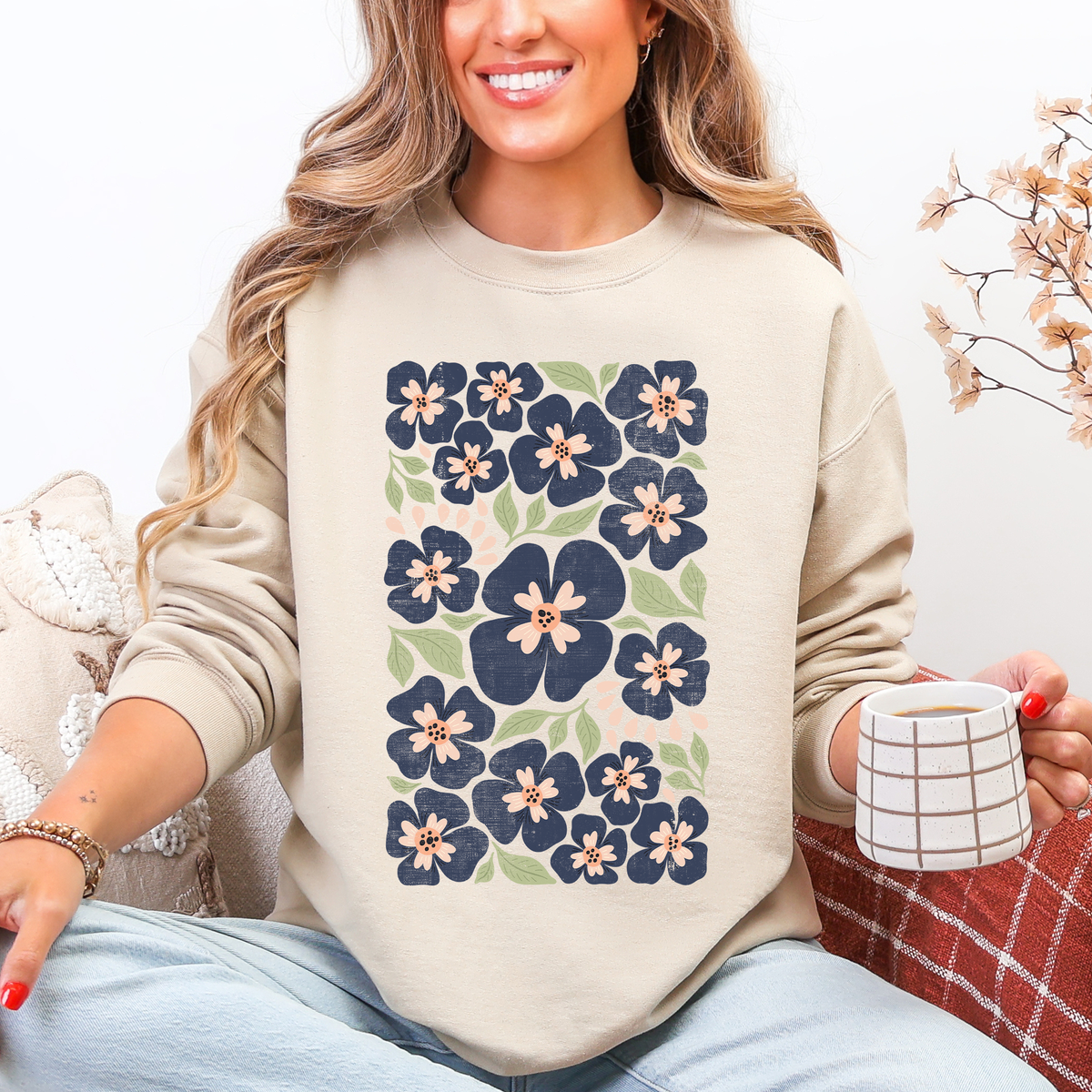 Blue Wildflower Allover Floral Vintage Boho Nature Inspired Autumn Palette Sweatshirt