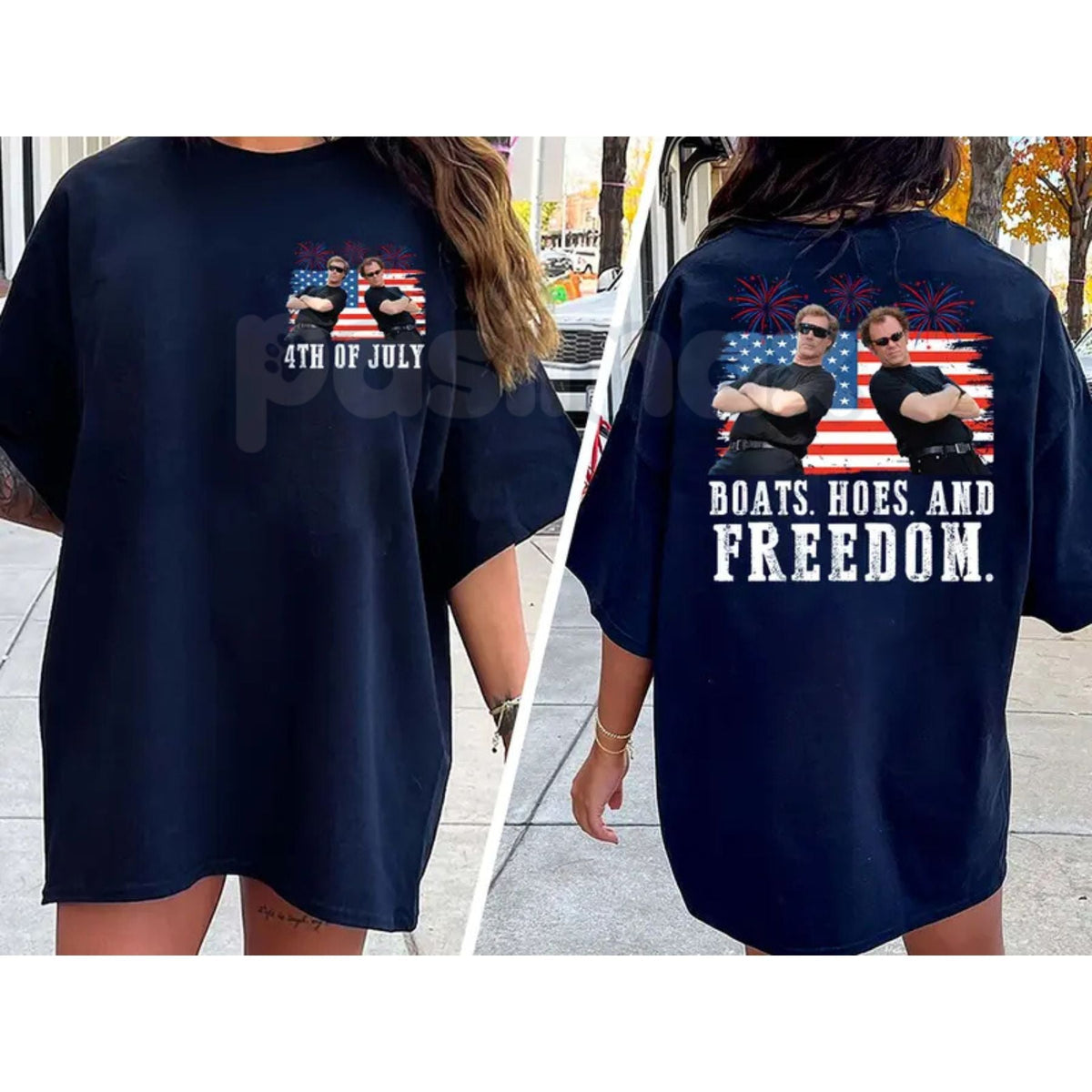 "Boats, Hoes & Freedom" Step Brothers 4th of July T-Shirt – Funny 2-Side Patriotic Graphic Tee, Premium 100% Cotton Independence Day Top, Sarcastic USA Summer Party Apparel, Made in USA