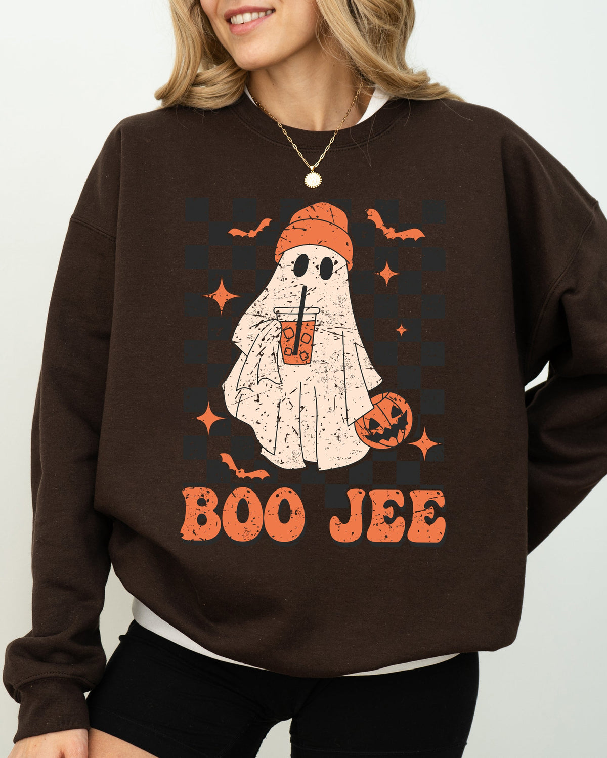 Boo-Jee Ghost Checkered Retro Halloween Coffee Drink Illustration Cozy Sweatshirt