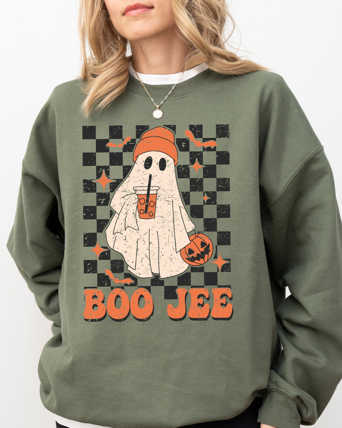 Boo-Jee Ghost Checkered Retro Halloween Coffee Drink Illustration Cozy Sweatshirt