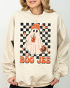 Boo-Jee Ghost Checkered Retro Halloween Coffee Drink Illustration Cozy Sweatshirt