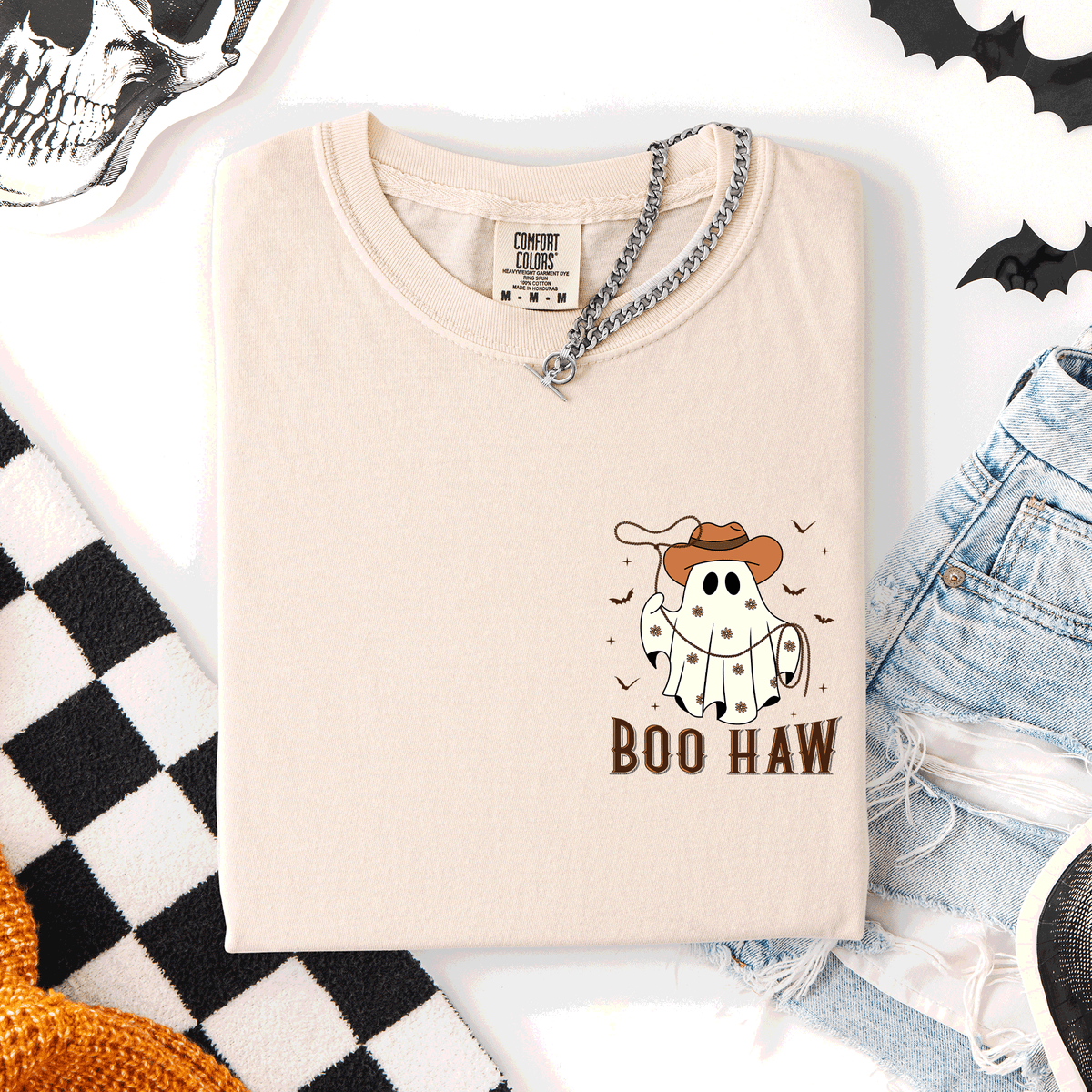 Boo Haw Lasso Cowboy Western Country Halloween Pocket Distressed Print Edition Comfort Colors Tee