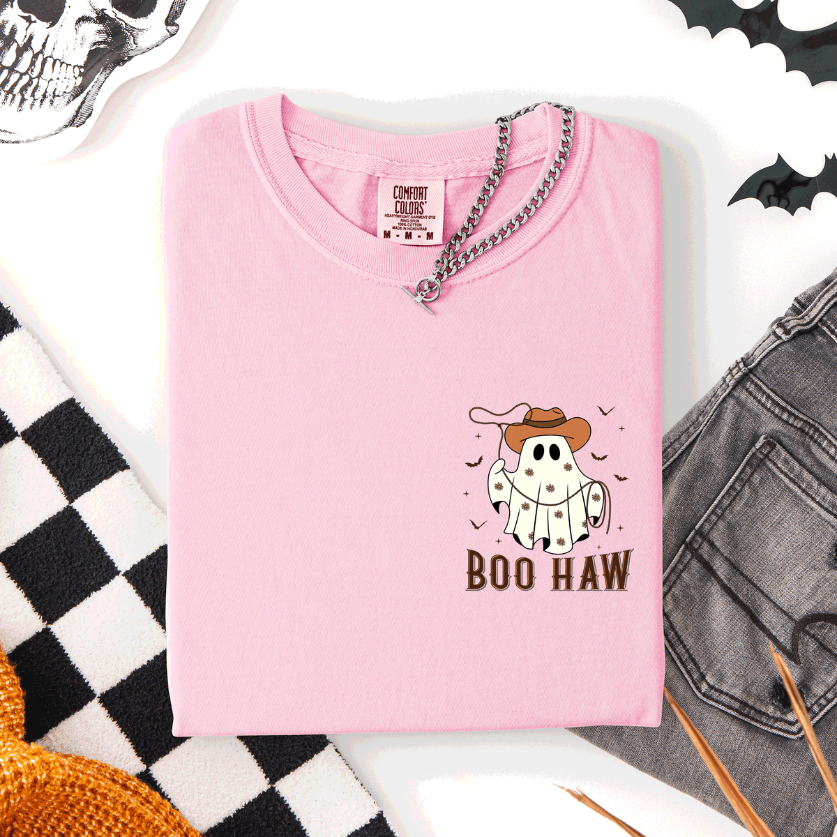 Boo Haw Lasso Cowboy Western Country Halloween Pocket Distressed Print Edition Comfort Colors Tee