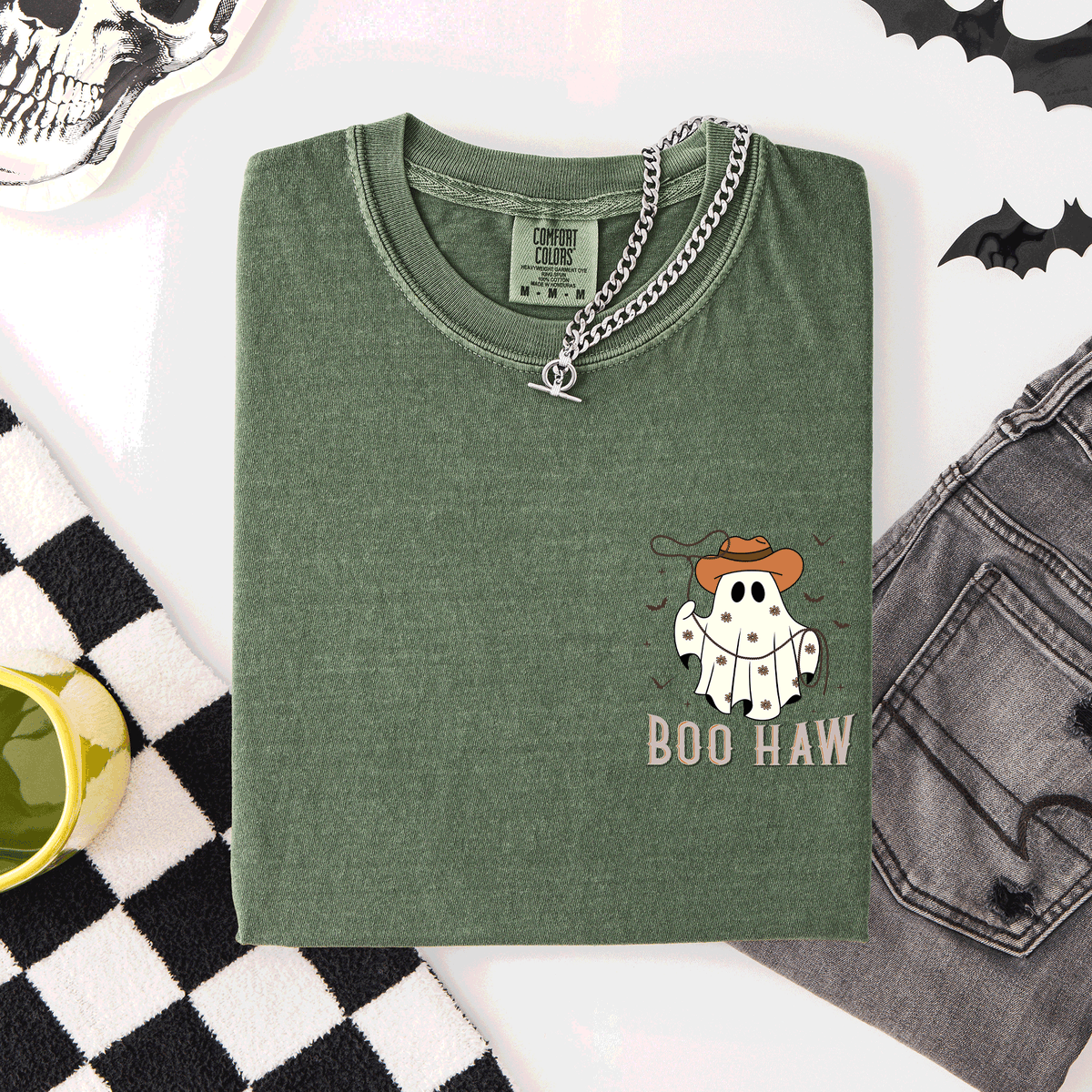 Boo Haw Lasso Cowboy Western Country Halloween Pocket Distressed Print Edition Comfort Colors Tee