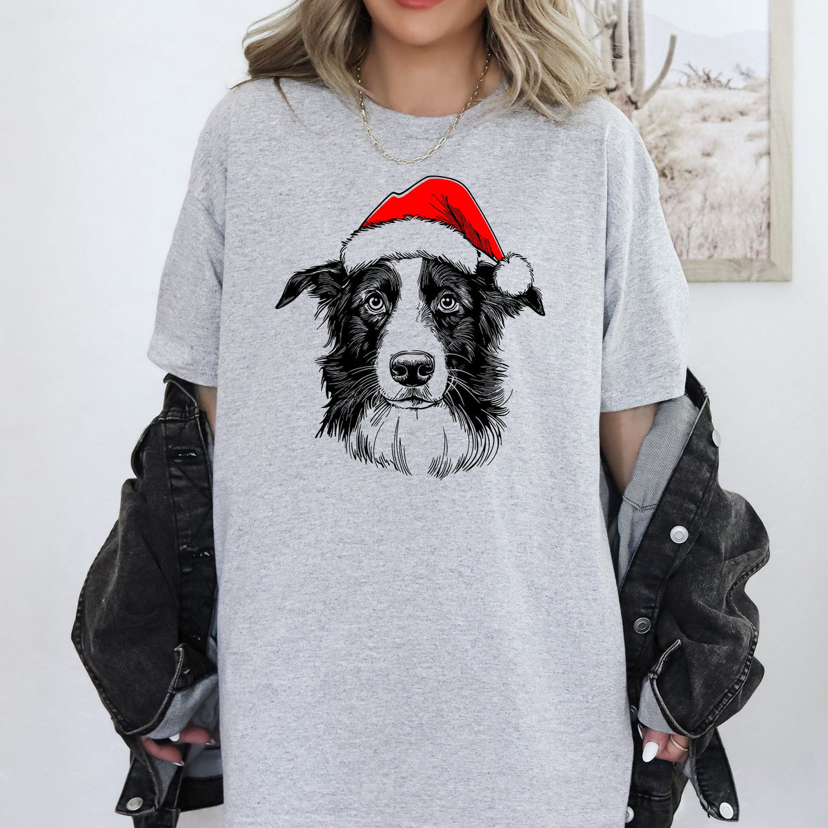 Border Collie Santa Christmas Dog Lover Pet Portrait Art Graphic Comfort Colors Tee