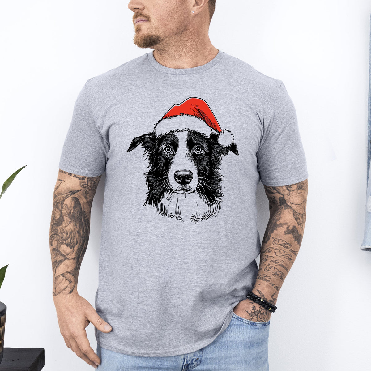 Border Collie Santa Christmas Dog Lover Pet Portrait Art Graphic Comfort Colors Tee