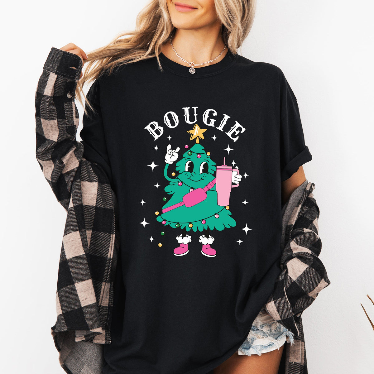 Bougie Christmas Tree Santa Winter Snow Xmas Holiday Ornament Illustration Comfort Colors Tee