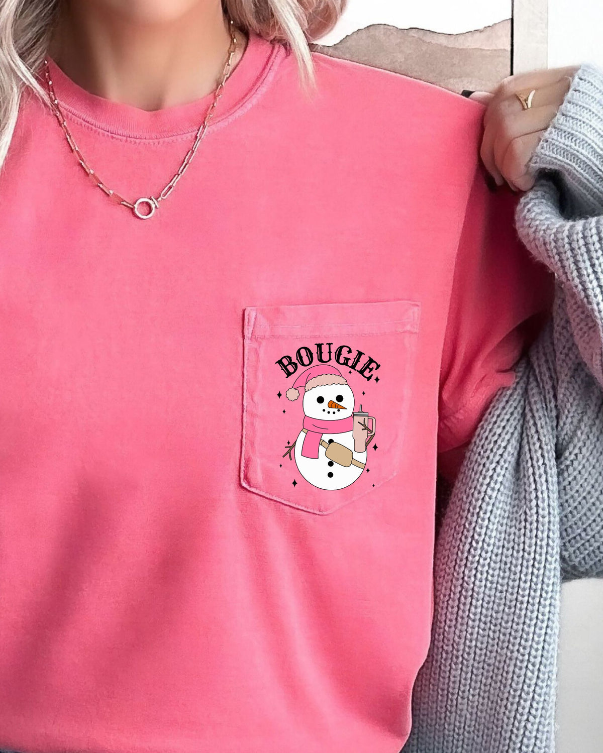 Bougie Snowman Christmas Santa Claus Winter Snow Xmas Festive Pocket Illustration Comfort Colors Tee