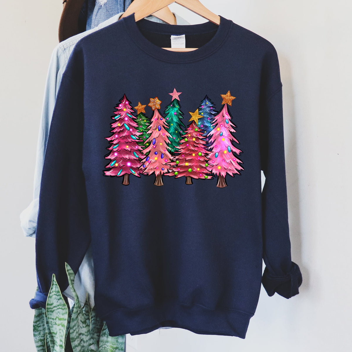 Bright Christmas Trees Festive Night Sky With Ornaments And Pinecones Graphic Sweatshirt