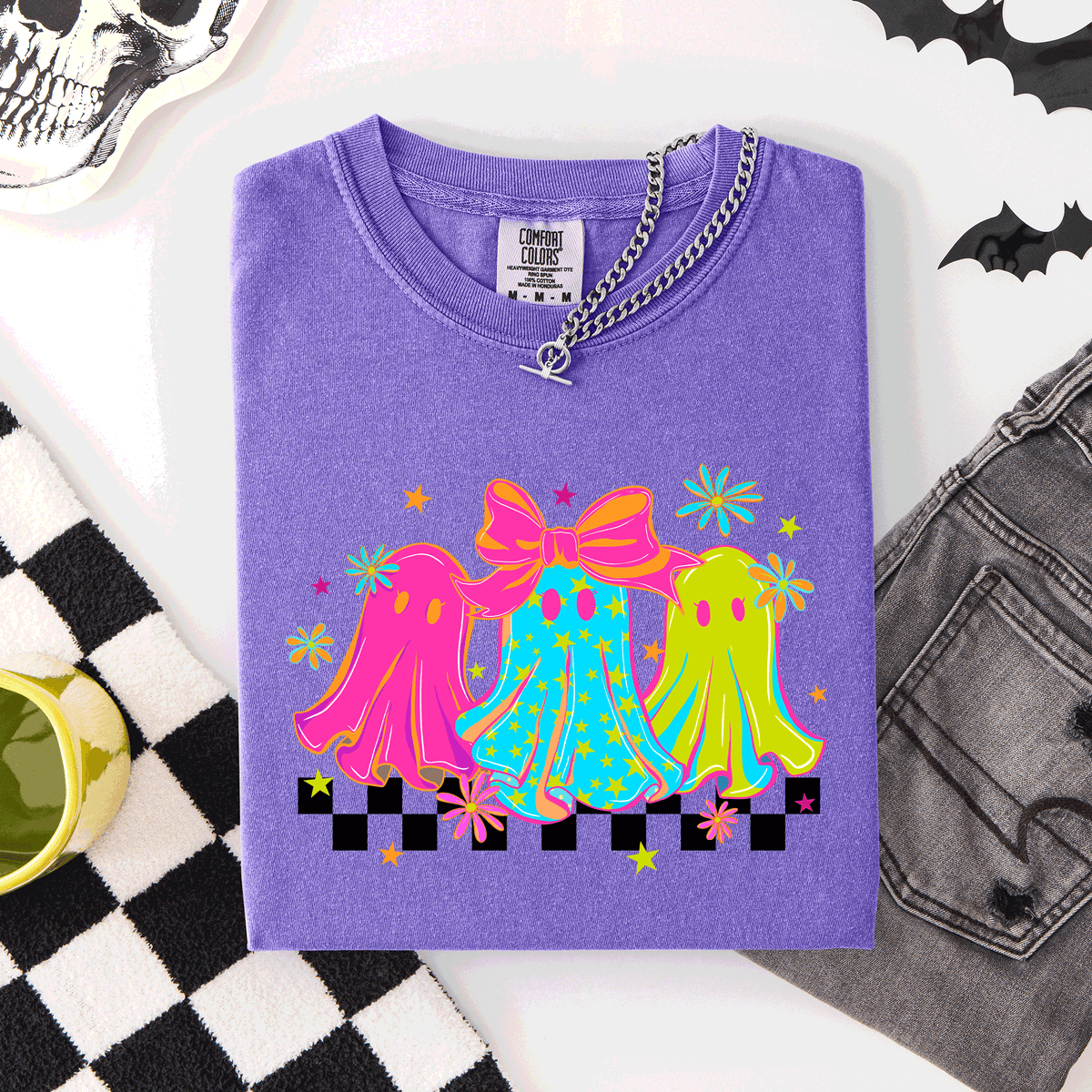 Bright And Colorful Retro Halloween Ghosts Checkered Graphic Design Limited Edition Comfort Colors Tee