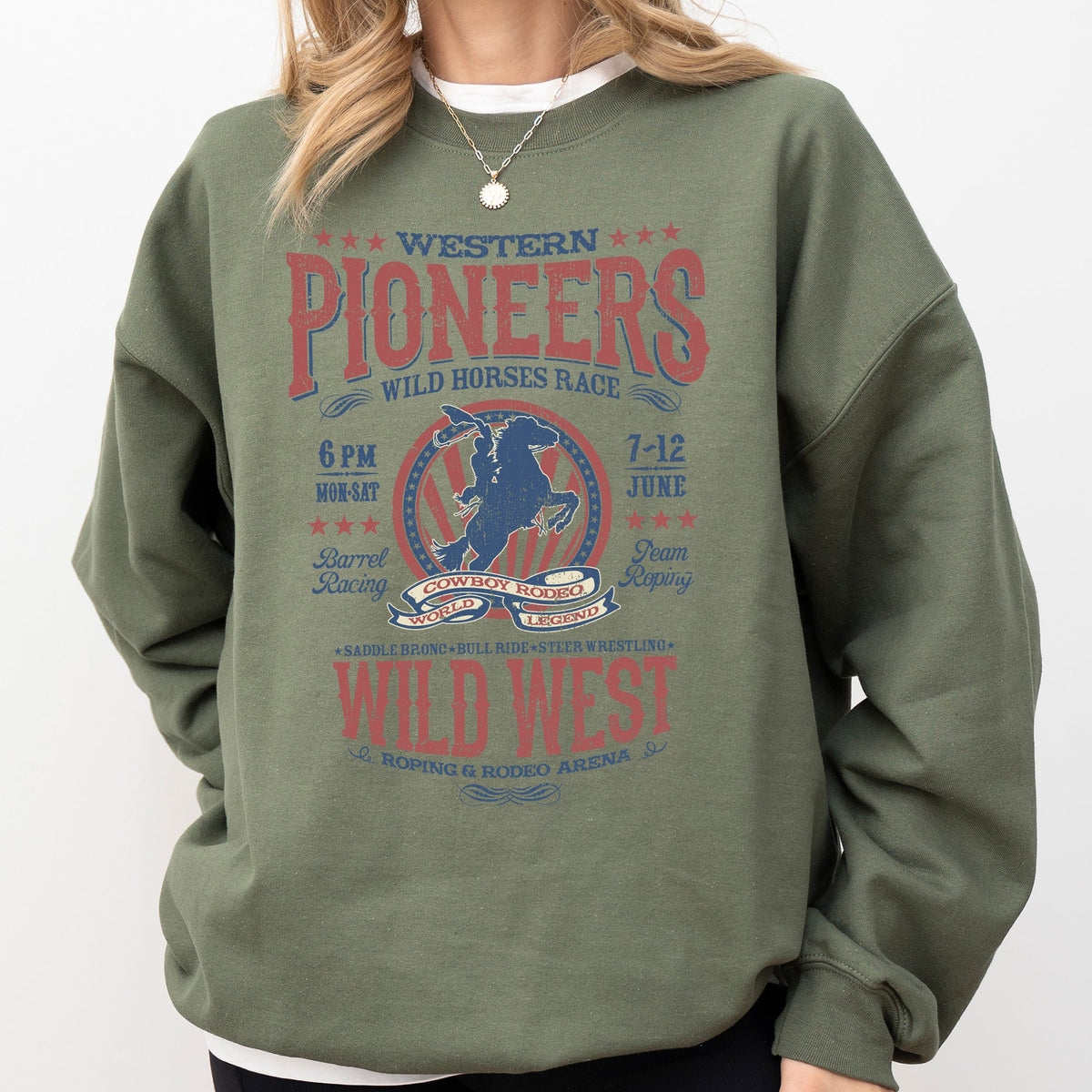 Bronco Riding Wild Horse Race Cowboy Cowgirl Rustic Western Heritage Premium Sweatshirt