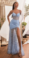 Ladivine C155 Long Glitter Floral Print Motif Sheer Bodice Fitted Gown