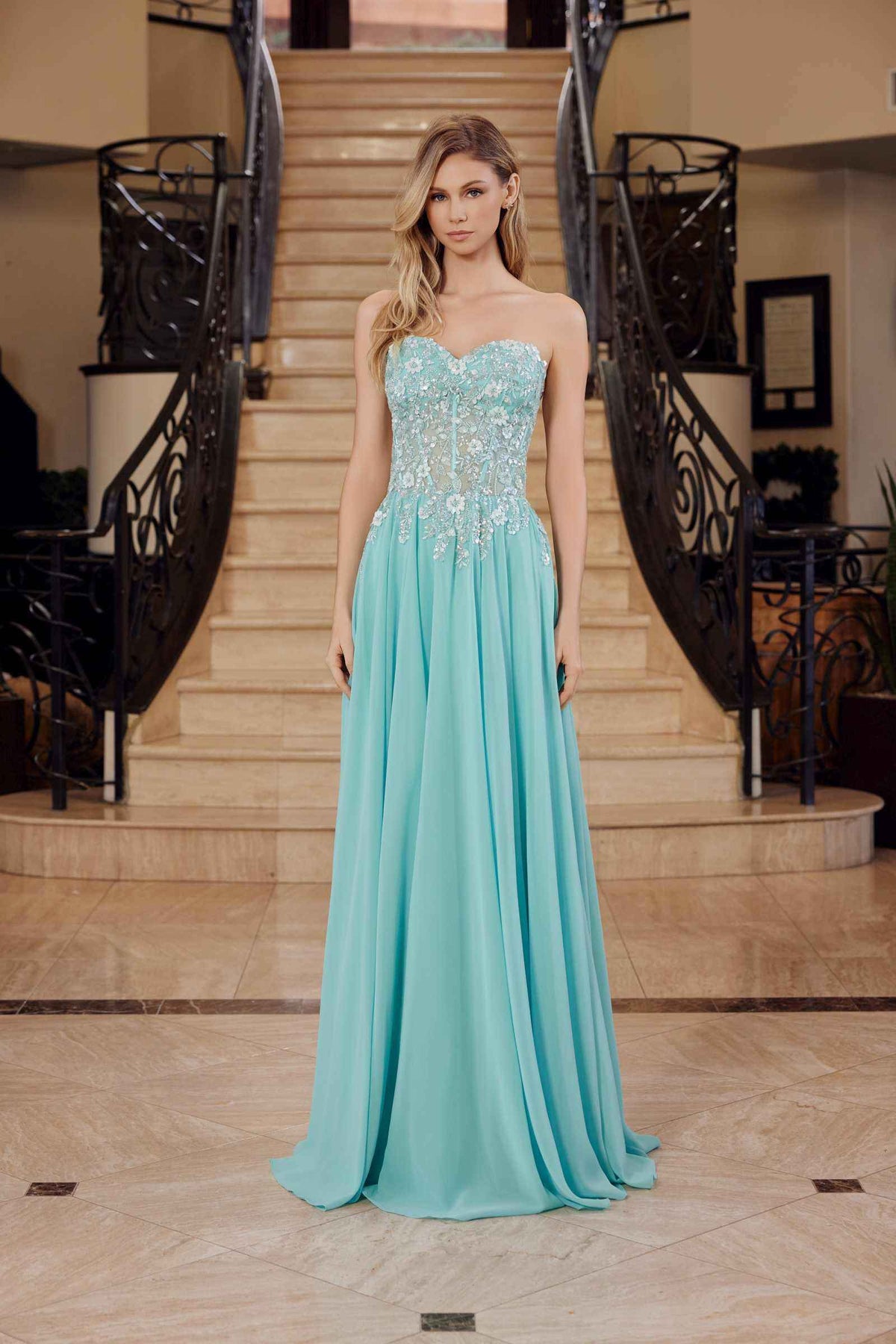 Nox Anabel C1617 Strapless Applique Corset with Chiffon Skirt Dress