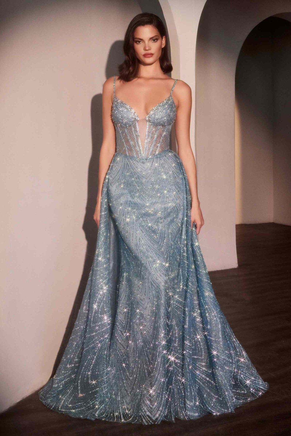 Ladivine C167 Dress Glitter Printed Fitted Gown With Overskirt