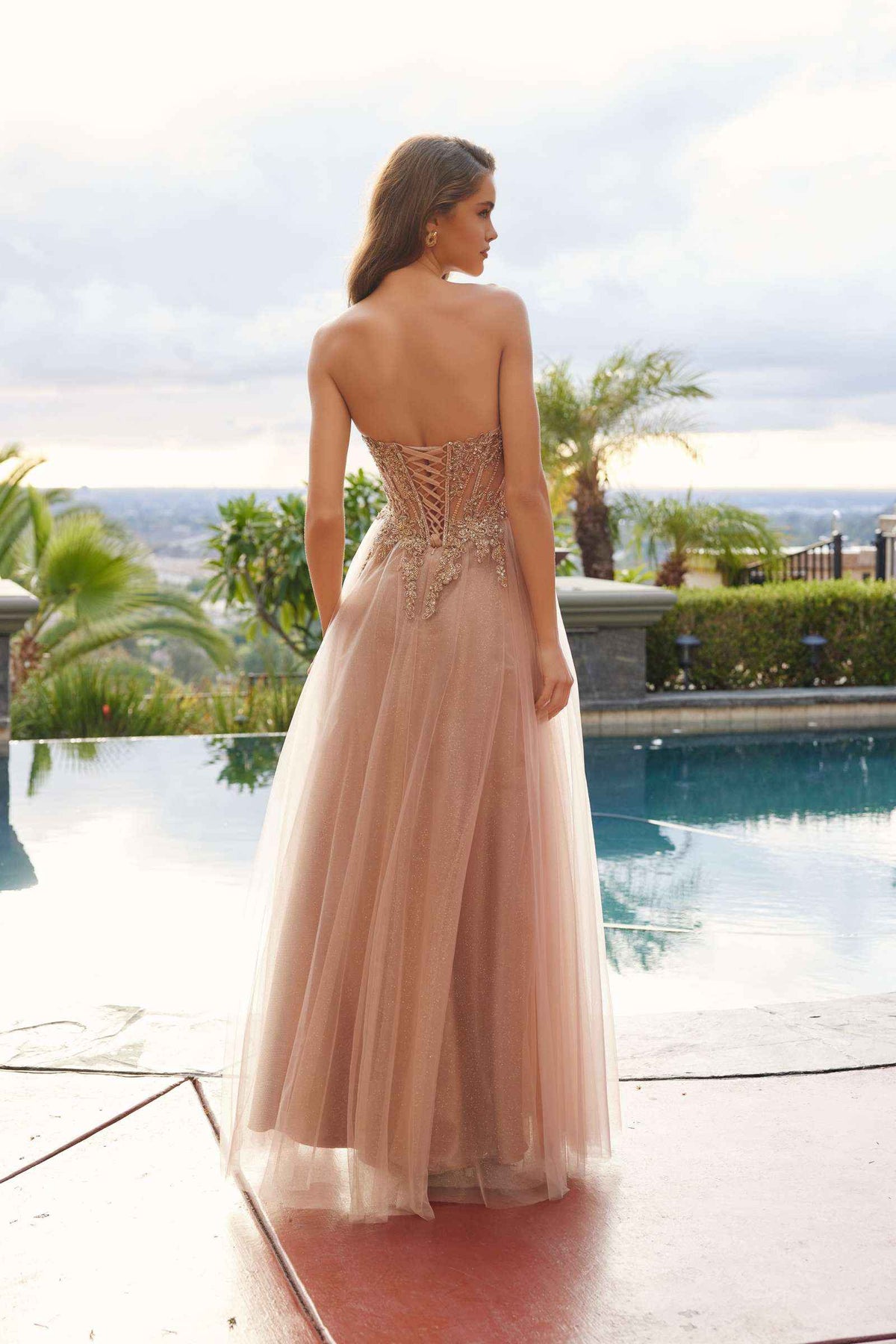 Nox Anabel C1843 Mesh A-Line Peaked Neckline Sequin Prom Ball Gown