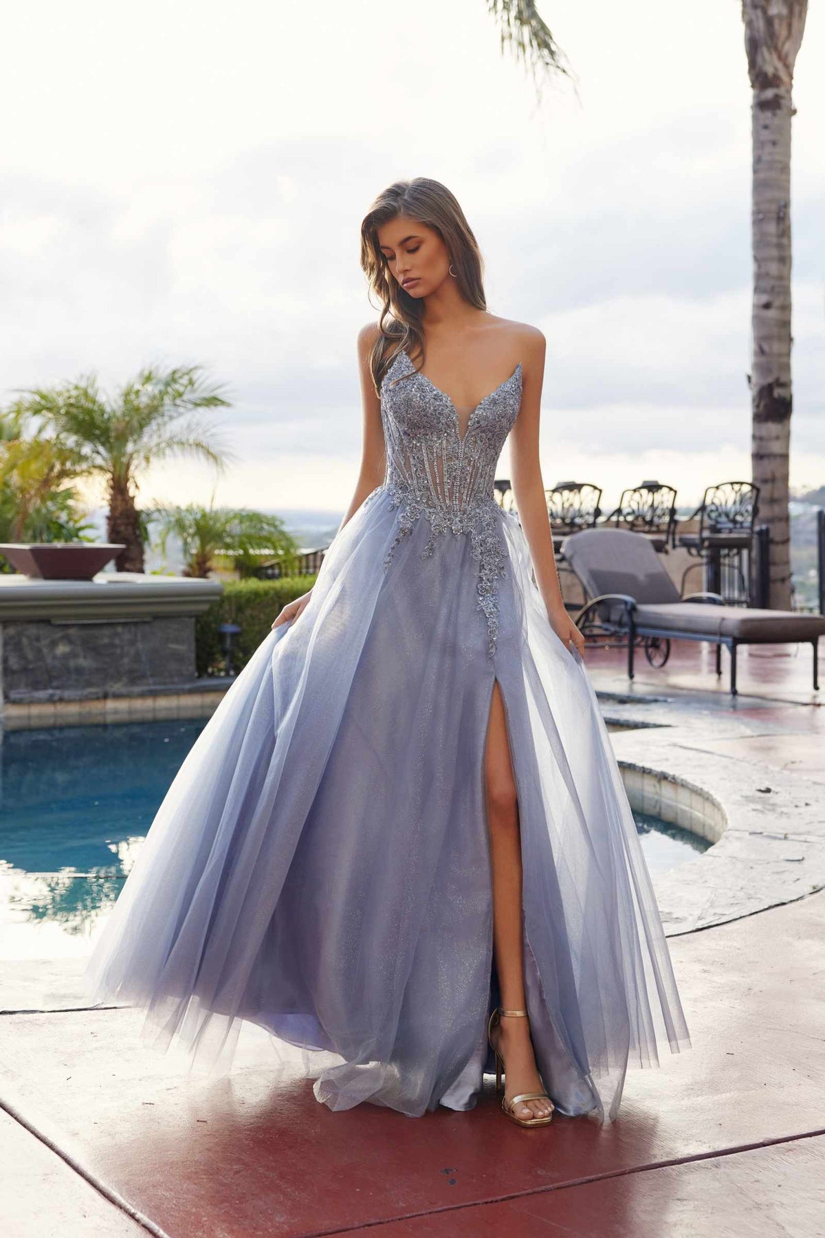 Nox Anabel C1843 Mesh A-Line Peaked Neckline Sequin Prom Ball Gown
