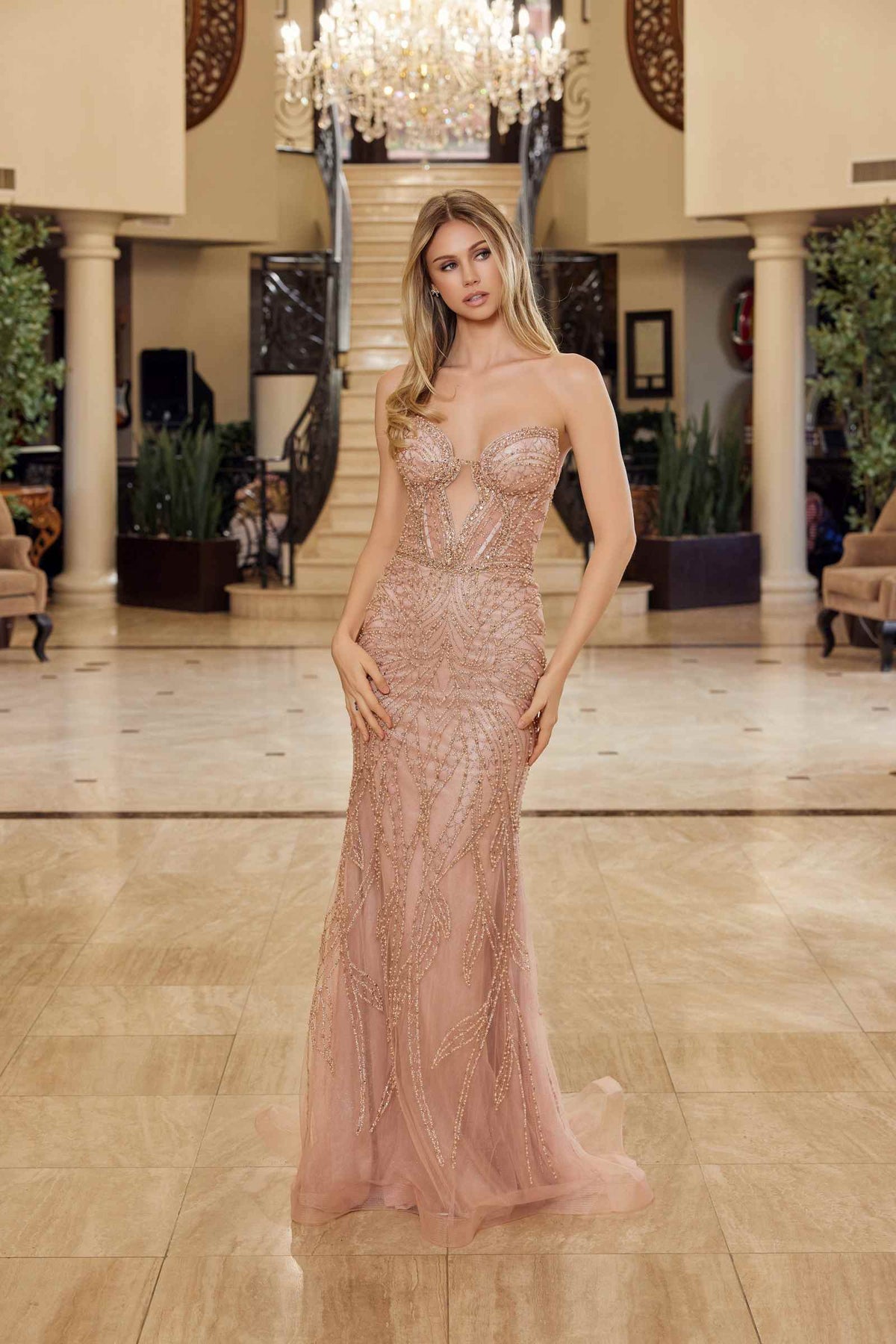 Nox Anabel C1848 Fitted Beaded Tulle Strapless Keyhole Bodice Prom Gown