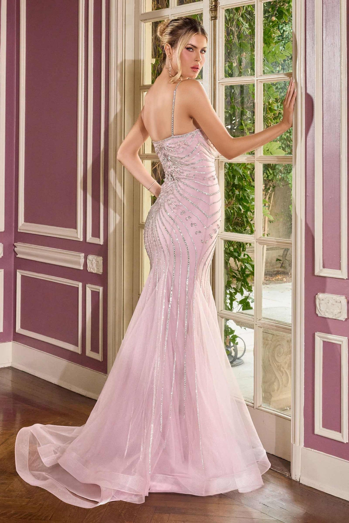 Ladivine CB167 Fitted Radiant Beadwork Scoop Neckline Dress Oversized Bow Train