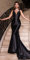 Ladivine CC2346 Long Fitted Stretch Satin Glitter Flocked Formal Gown
