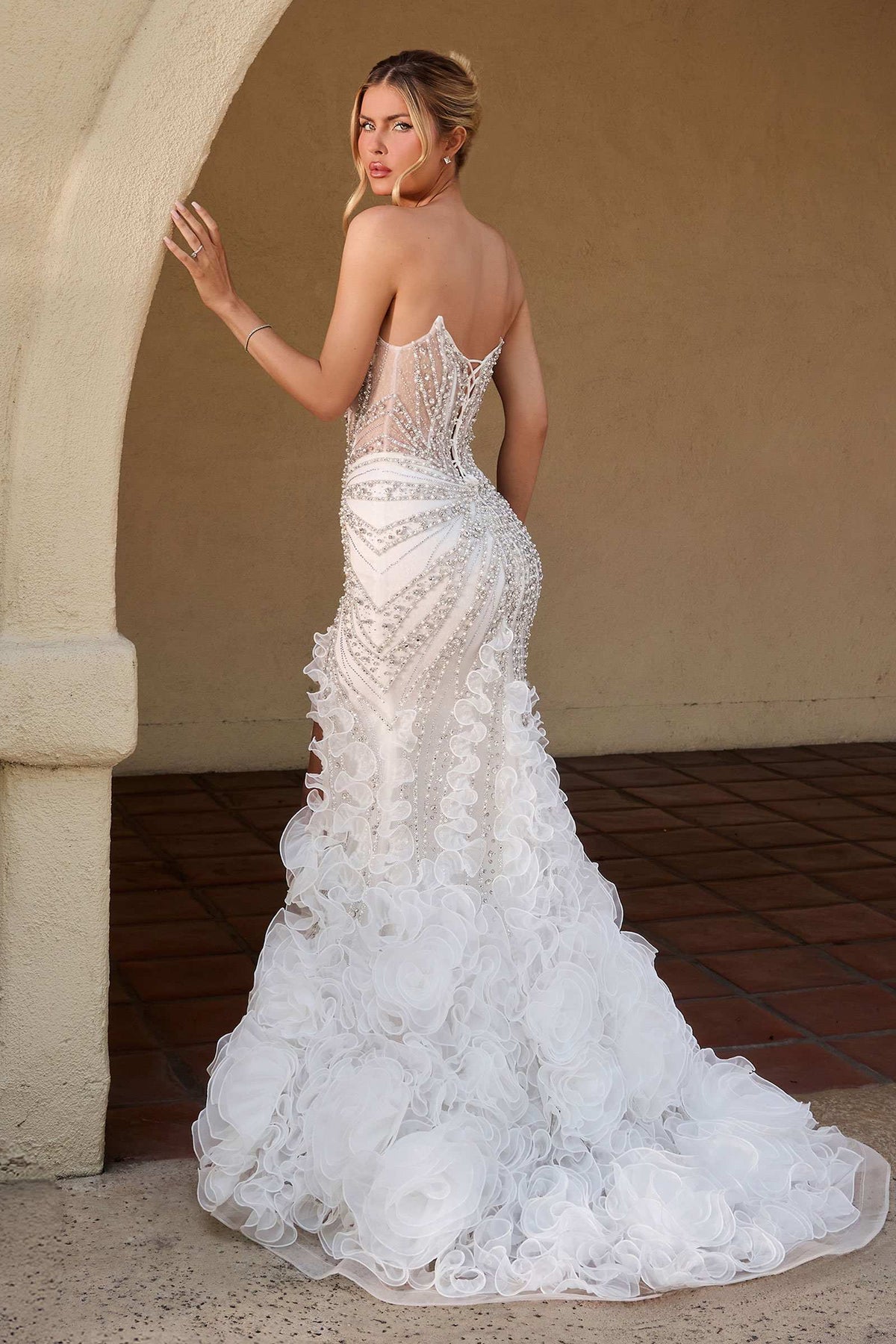 Ladivine CC2488W Plunging Neckline Fitted Mermaid Off White Gown