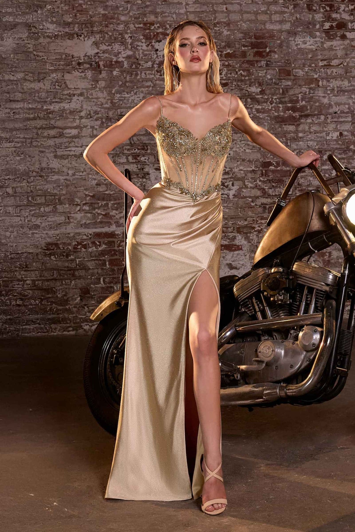 Ladivine CC408 Long Satin Fitted Gown Boned Embellished Bodice Slit