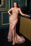 Ladivine CC8251 Strapless Fitted Gown V-neckline Linear Beaded Motif