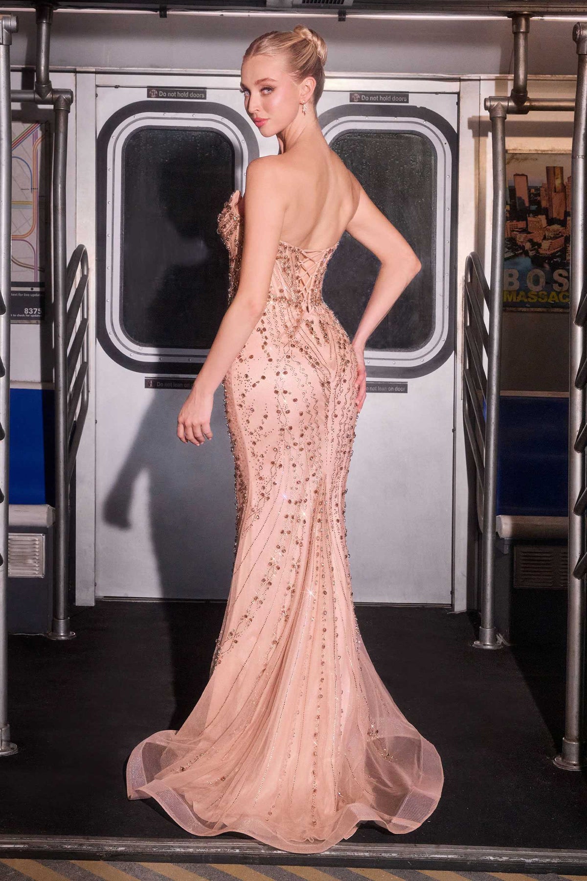 Ladivine CC8262 Crystal Adorned Sheer Bodice Strapless Fitted Mermaid Gown