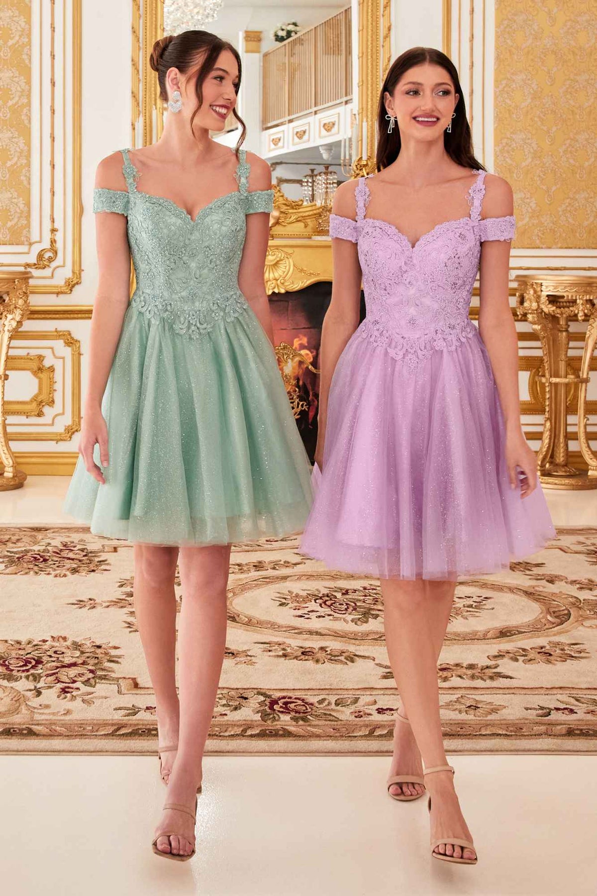 Cinderella Divine CD0132 Short A-Line Dress Off The Shoulder Glitter Tulle Skirt