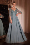 Cinderella Divine CD0171 Flowy Chiffon A-Line Gown 3/4 Length Sleeves