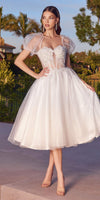 Ladivine CD0187W Tea Length Layered Tulle Dress with Short Puff Sleeves
