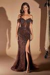 Ladivine CD0203 Long Fitted Off the Shoulder Sequin Gown with Slit