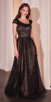 CLEARANCE - Ladivine CD0238 Off The Shoulder A-Line Beaded Black/Nude Gown (Size 10)