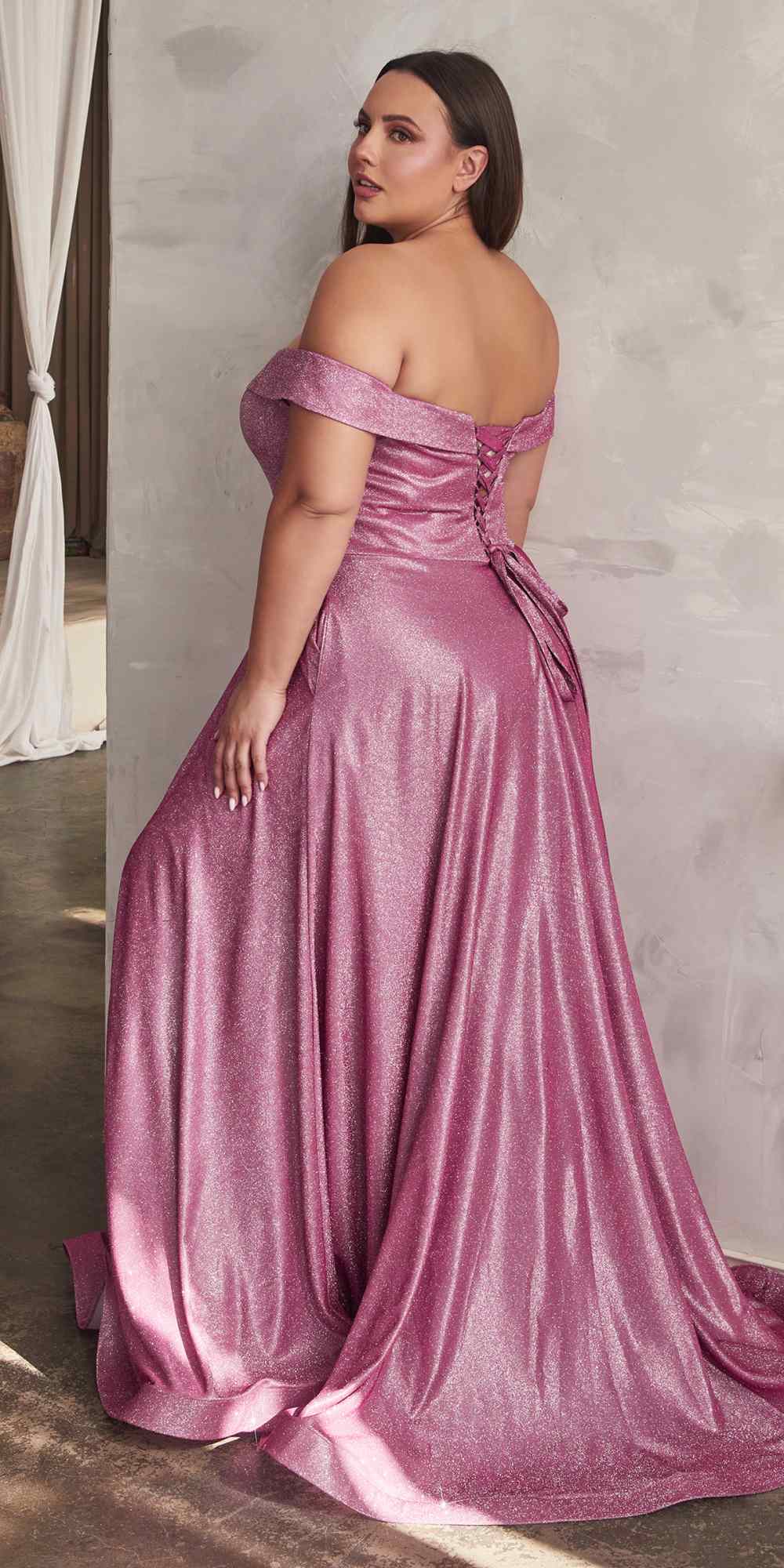 Cinderella Divine CD210C Off The Shoulder A-Line Gown Metallic Glitter