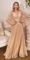 Cinderella Divine CD242 Pleated Chiffon Long Sleeve Gown