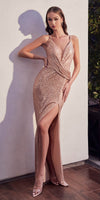 Ladivine CD279 Long Draped Fitted Sequin Formal Gown with Slit