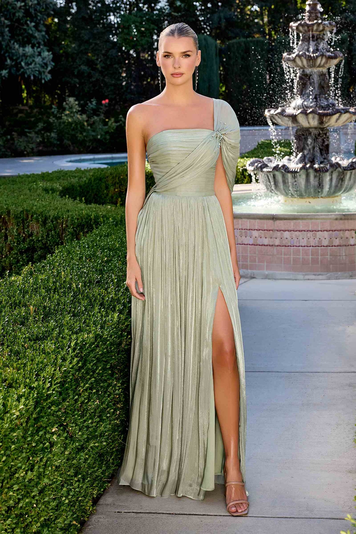 CLEARANCE - Ladivine CD418 One Shoulder A-Line Pleated Luminescent Chiffon Gown (Size 16)
